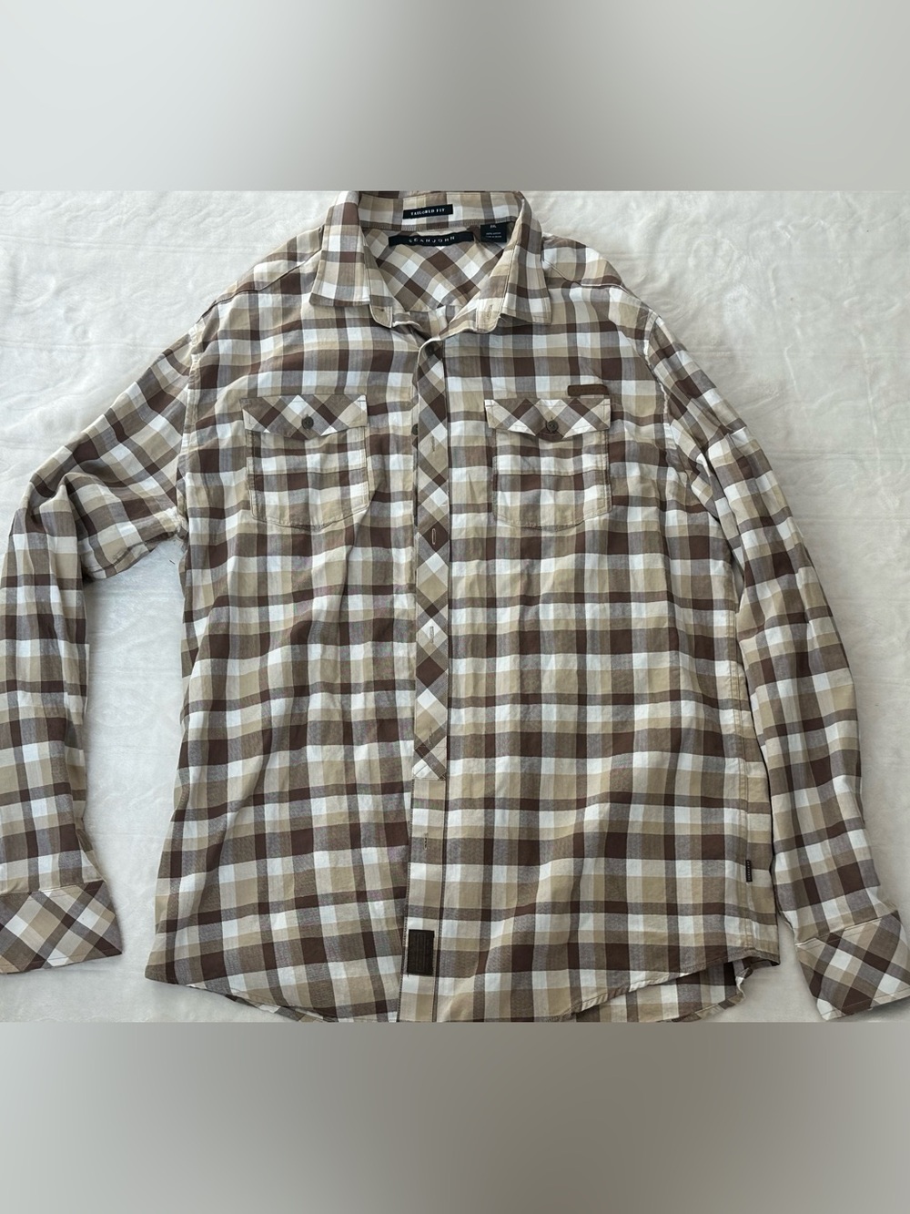 Sean John Brown and Cream Plaid Button-Down Shirt